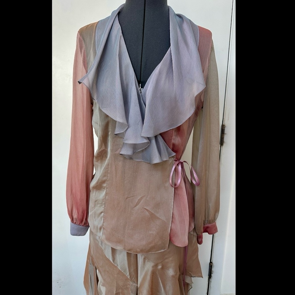 VINTAGE 90s HELEN STOREY REAL CLASSICS CHIFFON IRIDESCENT TOP SKIRT JELLYFISH M - Picture 3 of 9